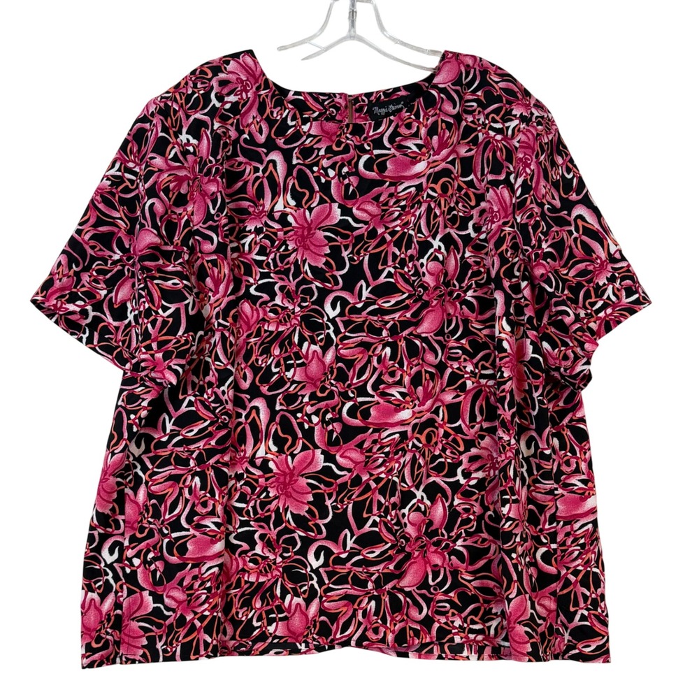 Maggie Barnes Womens 2X Pink White Black Floral Abstract Short Sleeve Blouse Top